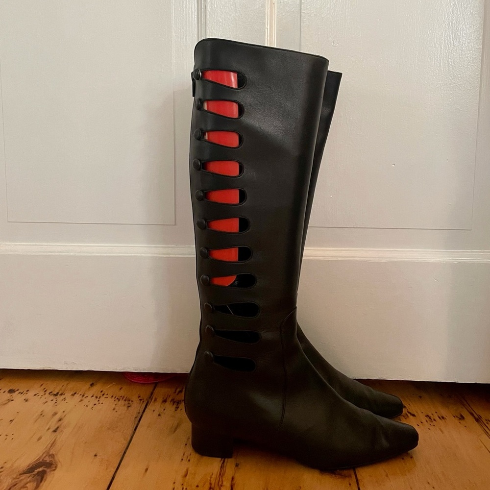 Manolo Blahnik Leather Knee High Cut Out Boots